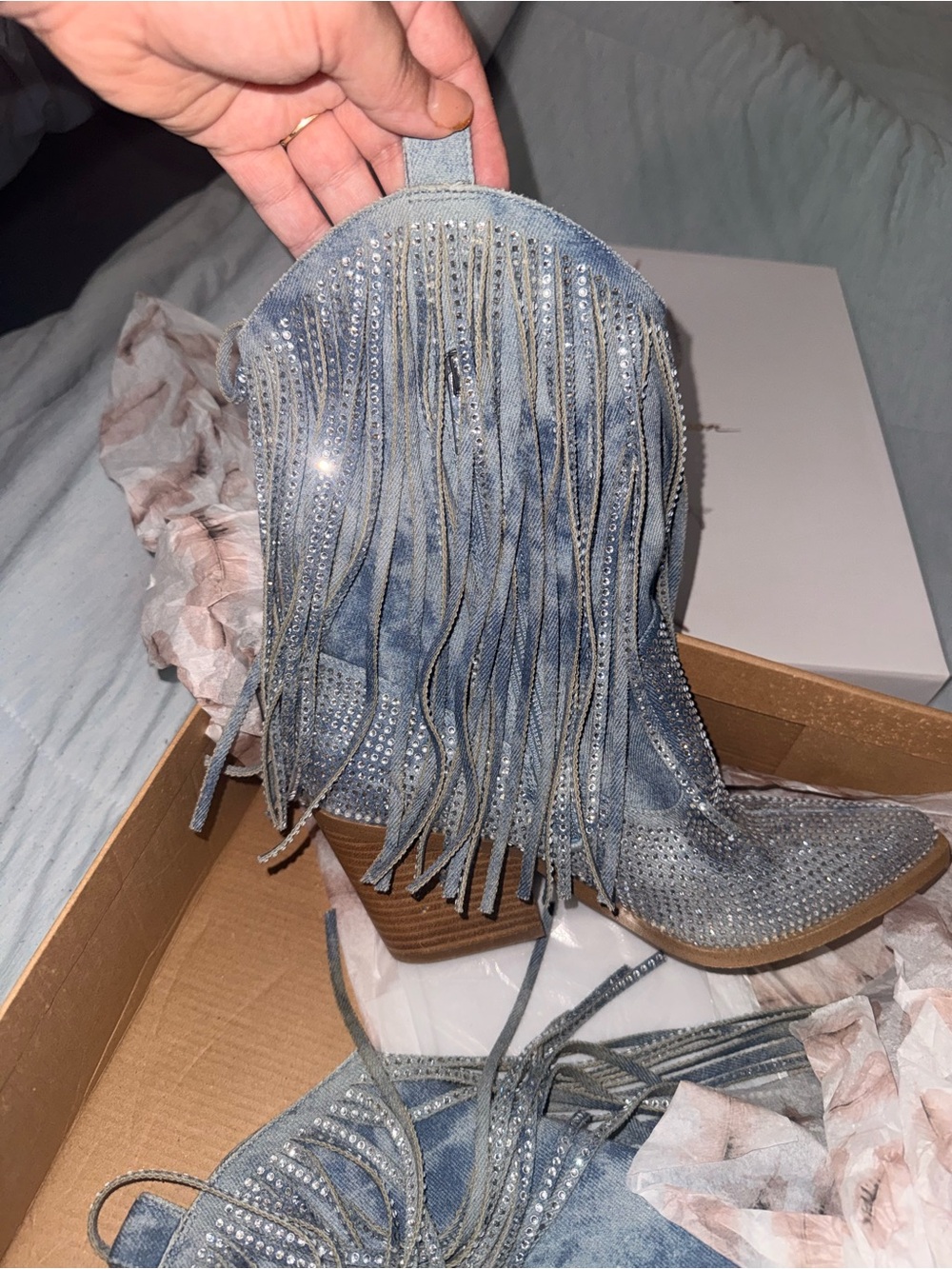 Women’s denim fringe boots - Silver Rhinestone Fringe Boots - Picture 7 of 10